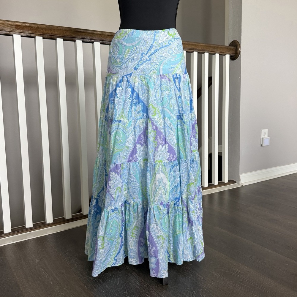 Lauren Ralph Lauren Tiered Paisley Maxi Skirt Small Cotton Boho Ruffle Western